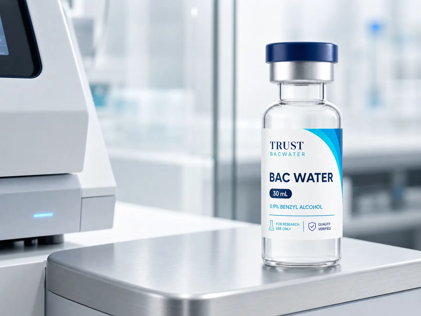 TRUST BACWATER vial beside analytical quality-control equipment in a clean laboratory