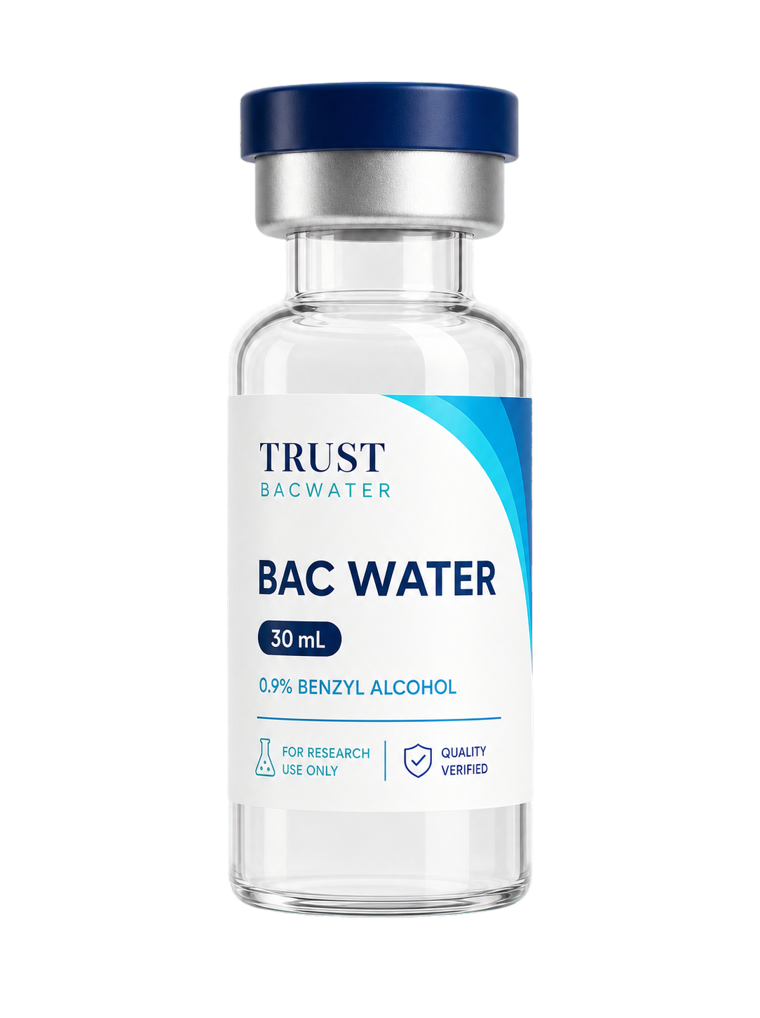 TRUST BACWATER 30 mL research vial with navy cap and cyan label